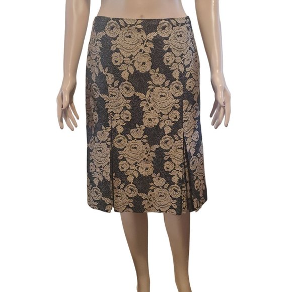 Ann Taylor Sz 2 Wool & Silk Brocade Black Gold Floral Pleated Pencil Skirt - Picture 1 of 9